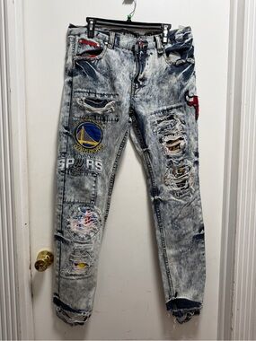 HERITAGE AMERICA UNK Patch blue jeans 36x34 CELTICS BULLS WARRIORS SPURS GS NBA